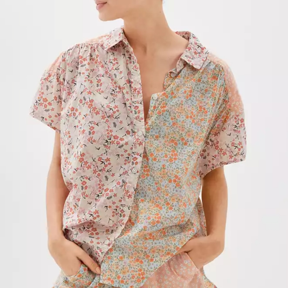 AE Oversized Resort Shirt Floral Pastel Pink Orange Blue Green Print Mix Vacay